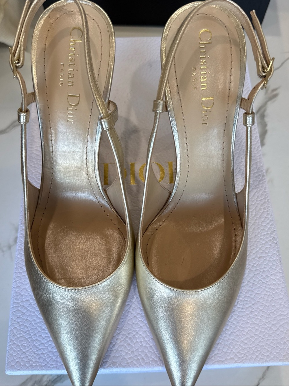 Dior Metallic Gold Pointed Slingback Heels with Crystal Heel Accent - Picture 2 of 12